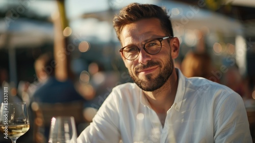 Man enjoying outdoor dining experience - Confident man with glasses enjoying a fine dining experience outdoors