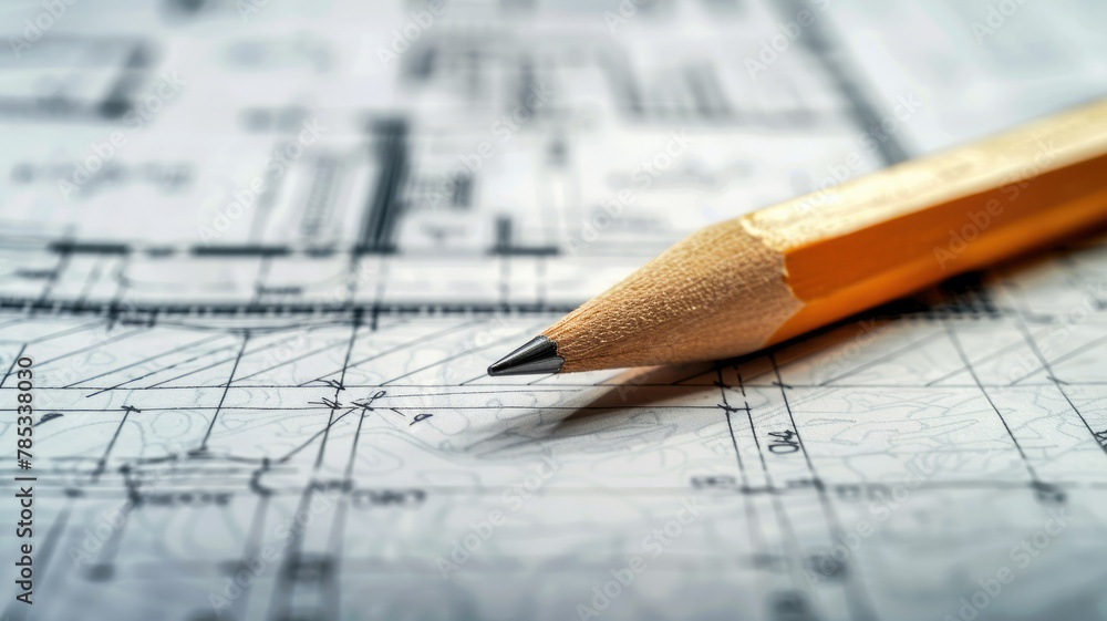 Close-up pencil on architectural blueprint plans - Detailed image of a sharpened pencil resting on intricate architectural blueprint plans Close-up pencil on architectural blueprint plans - Detailed image of a sharpened pencil resting on intricate architectural blueprint plans