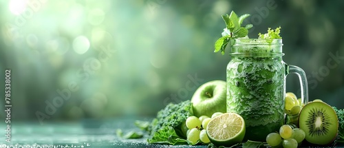 Concept of a detox drink made of green vegetables juice against a green background with room for advertising, Generative AI.