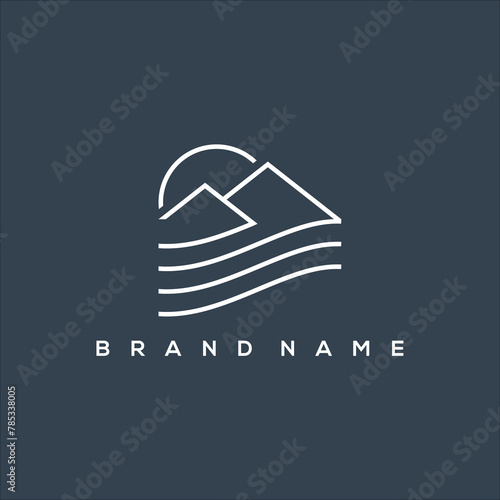 river art line icon logo with mountain and sun
