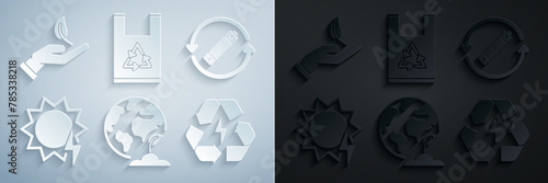 Set Earth globe and plant, Battery with recycle symbol line, Solar energy panel, Plastic bag and Sprout hand of environmental protection icon. Vector