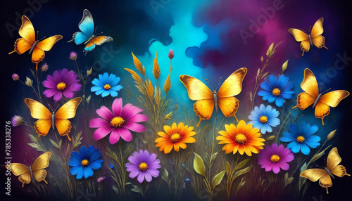 Fantasy artwork of a surreal vibrant, kaleidoscopic meadow filled with delicate and colorful butterflies and blooming, jewel-toned flowers © Snap2Art
