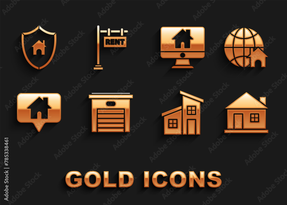 Set Garage, Globe with house symbol, House, Map pointer, Computer monitor smart home, shield and Hanging sign text Rent icon. Vector Set Garage, Globe with house symbol, House, Map pointer, Computer monitor smart home, shield and Hanging sign text Rent icon. Vector