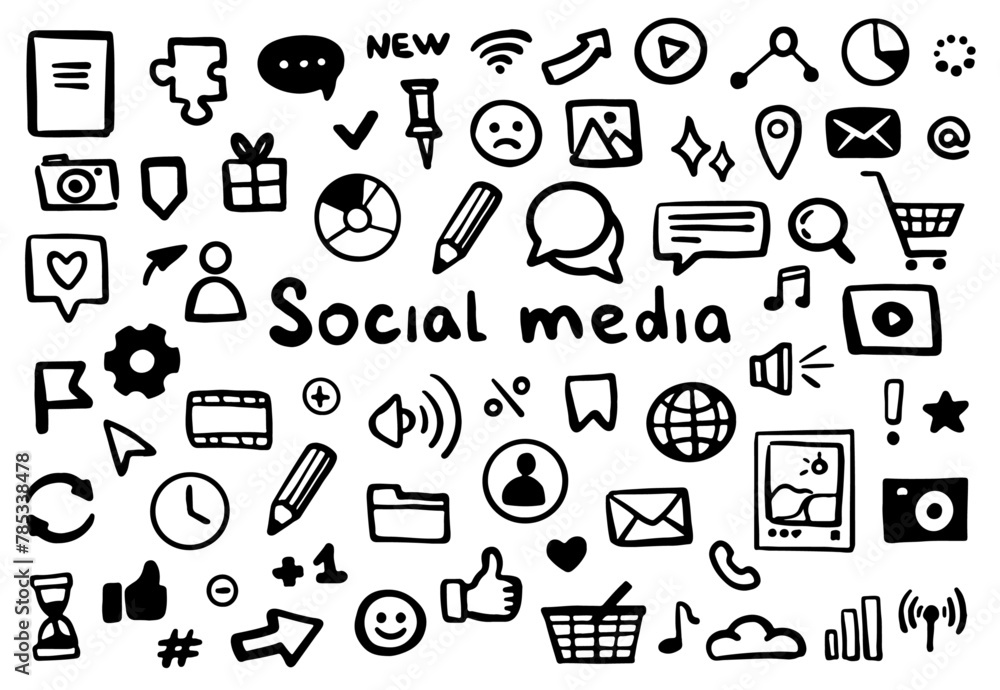Monochrome social media doodles and isolated icons. Vector flat cartoon, call, and internet, thumb up or like action. Communication in web with help of emoji and visual content graphics Monochrome social media doodles and isolated icons. Vector flat cartoon, call, and internet, thumb up or like action. Communication in web with help of emoji and visual content graphics