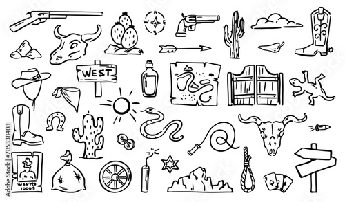 West american culture, isolated monochrome doodles. Vector flat cartoon, saloon doors, cactus and rocks, snakes and dead animal skull. Sheriff boots and clothes of gangster or cowboy suit
