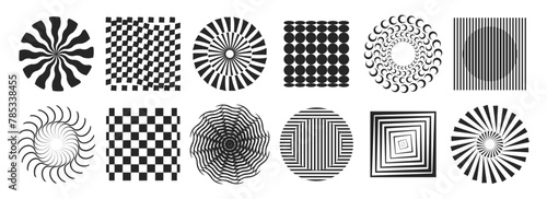 Motion effect and texture visual illusion and optical figures. Vector isolated geometric forms of square and circle. Swirling hypnotic monochrome uncolored wheels with rays and waves set
