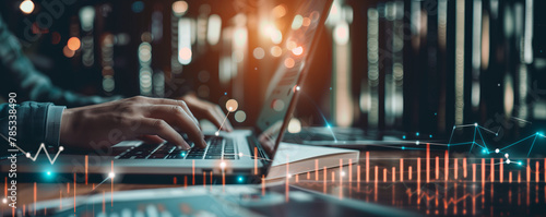 Businessman working on laptop with financial data analysis report, economic graph growth chart and global network connection