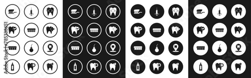 Set Teeth with braces, Tooth whitening concept, Toothbrush toothpaste, Dental clinic for dental care, medical syringe, location and Dentures model icon. Vector