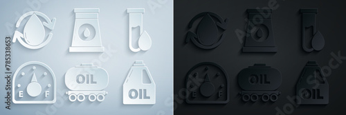 Set Oil railway cistern, petrol test tube, Motor gas gauge, Canister for motor machine oil, and industrial factory building and drop icon. Vector