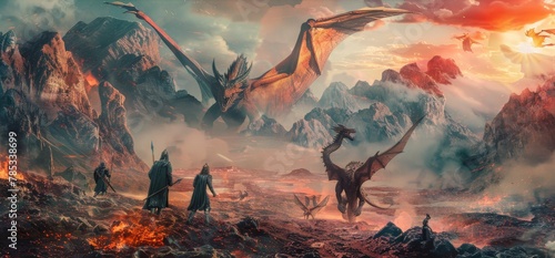 Epic battle scene with dragons and warriors in a mystical landscape