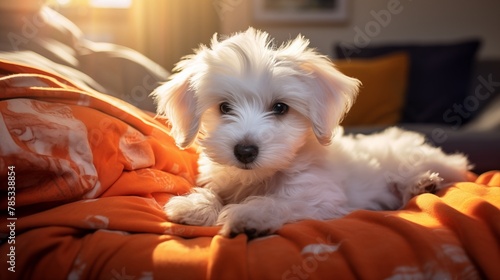 A vibrant and colorful playground setting with a fluffy white puppy nestled within a pile of fashionable casual clothes, including orange and denim attire, under the warm sunlight of a clear day.