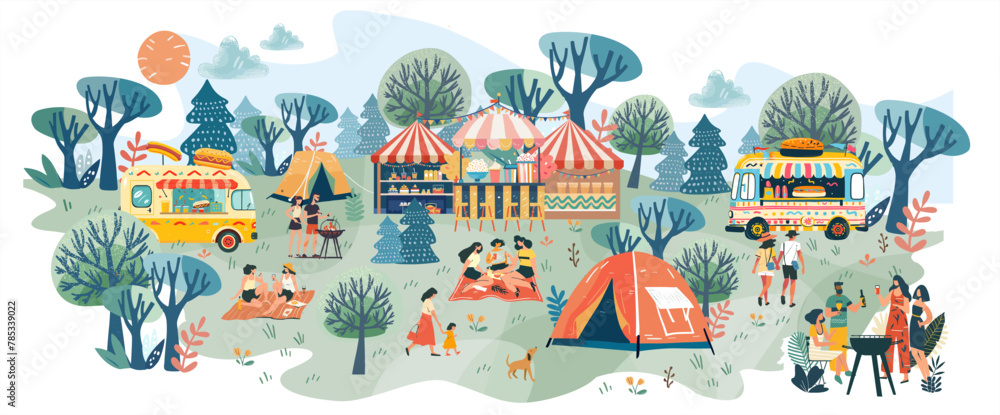 Obraz premium Summer festival, picnic and barbecue. Vector illustrations of park, nature, trees, resting walking people on weekends and holidays, family, camping tent, fair, bus stand selling burger and popcorn