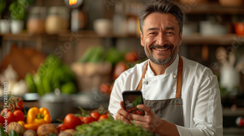 A chef is smiling and holding a cell phone in front of a table full of food. An chef live streaming a cooking tutorial, holding a smartphone, with a kitchen filled with fresh ingredients.