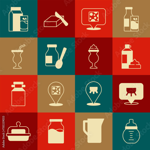 Set Baby milk in a bottle, Udder, Whipped cream, Cheese, Drinking yogurt, Milkshake, Paper package for kefir and icon. Vector