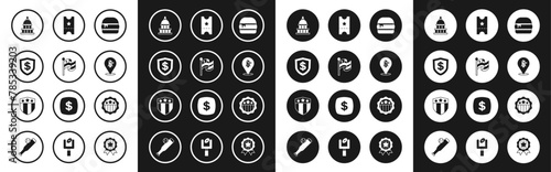 Set Burger, American flag, Shield with dollar, White House, Eagle, Baseball ticket, USA Independence day and stars icon. Vector