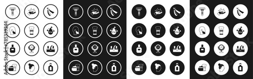 Set Straight razor, Shaving brush, Mustache and beard, Oil for hair care treatment, foam on hand, Human follicle and Aftershave icon. Vector
