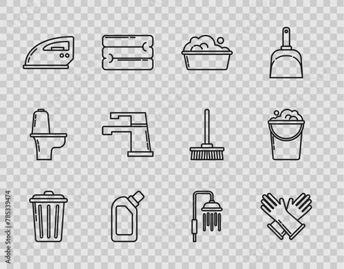 Set line Trash can, Plastic basin with soap suds, bottles for liquid dishwashing liquid, Electric iron, Water tap, Shower head water drops flowing and Bucket foam and bubbles icon. Vector