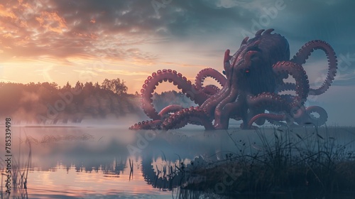 Enigmatic Lake Monster with Tentacles in Morning Mist