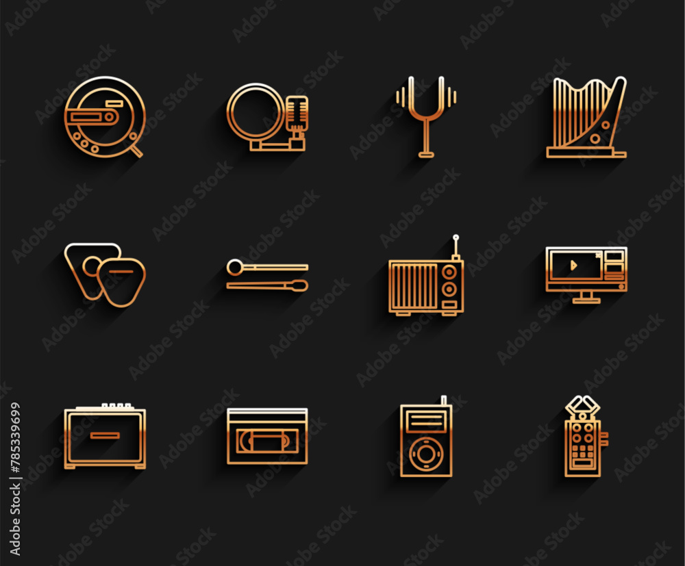 Set line Guitar amplifier, VHS video cassette tape, Music CD player, MP3, Microphone, Drum sticks, Video recorder or editor software monitor and Radio with antenna icon. Vector Set line Guitar amplifier, VHS video cassette tape, Music CD player, MP3, Microphone, Drum sticks, Video recorder or editor software monitor and Radio with antenna icon. Vector
