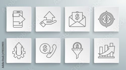 Set line Arrow growth gear business, Money on hand, Telephone handset speech bubble chat, Lead management, Financial coin, Envelope with dollar, Target and Smartphone, mobile icon. Vector