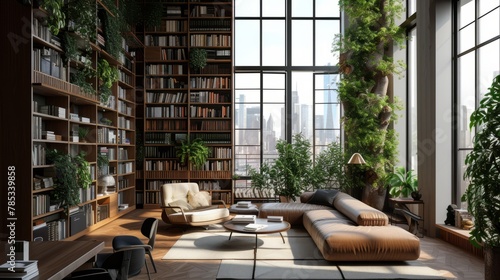 A cozy, stylish modern library with large floor-to-ceiling windows and tall cabinets full of a variety of books. Hobby, leisure and education concept