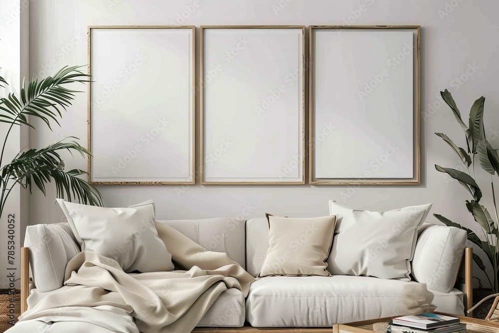 Mock-up of a poster frame with a background of a living room in warm, gray tones in a home... Beautiful simple AI generated image in 4K, unique. - obrazy, fototapety, plakaty 