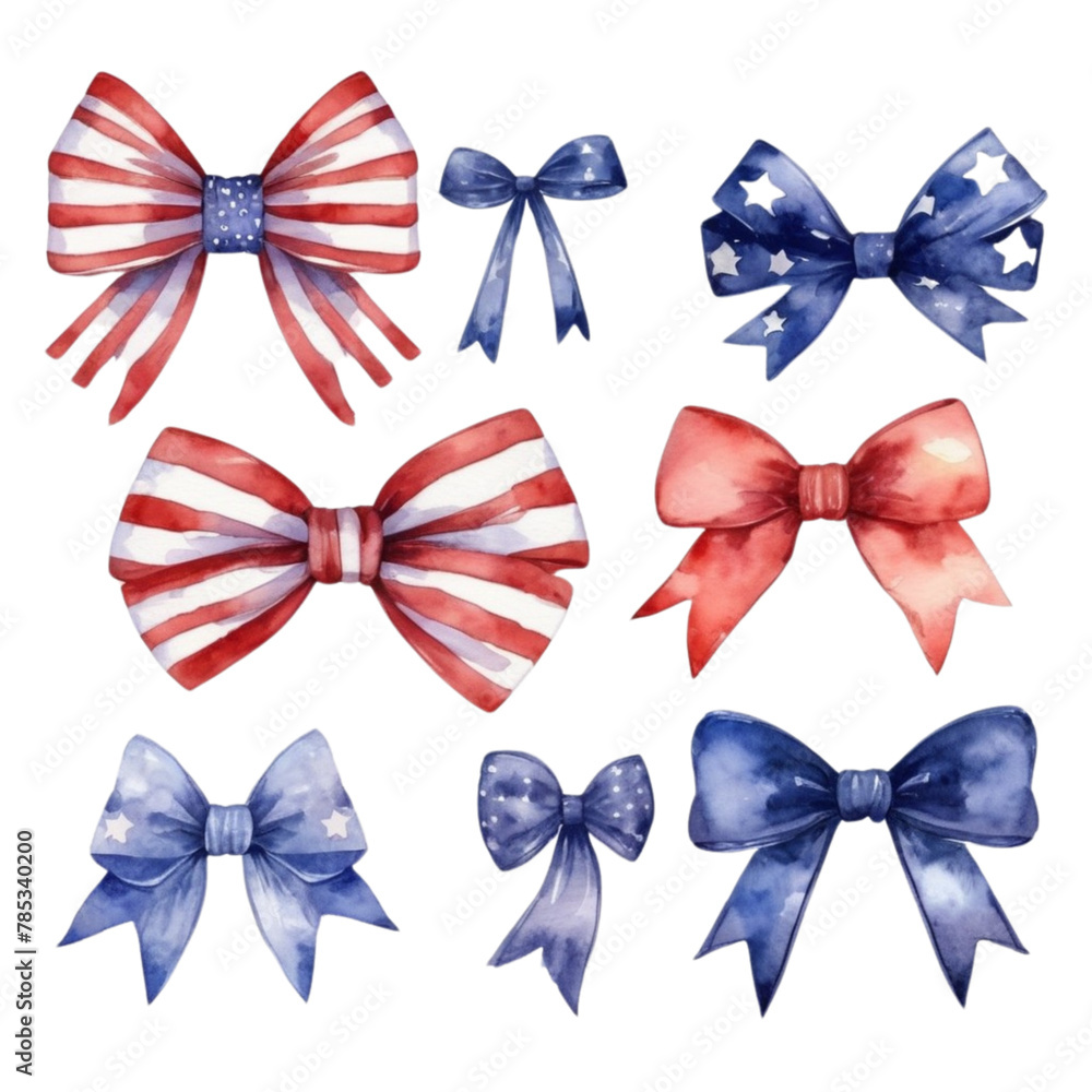 set of watercolor vector USA bows on Isolated transparent background png. generated with AI