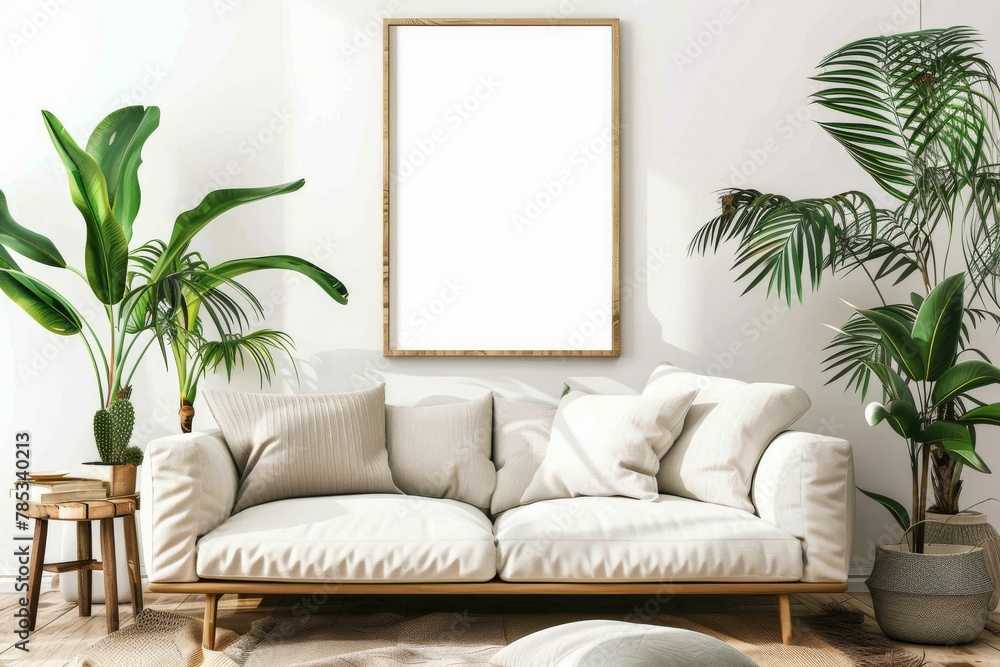 Mock Up Poster Frame Living Room Interior Background - 3d Render, 3d Illustration. Beautiful simple AI generated image in 4K, unique. - obrazy, fototapety, plakaty 