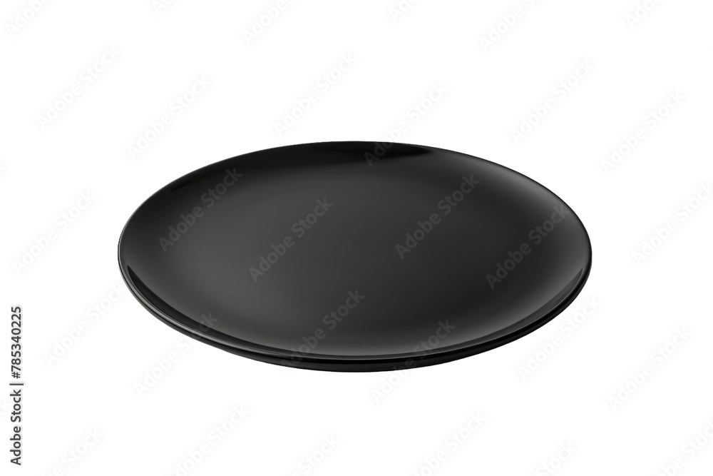 Elegance in Contrast: Black Plate on White Canvas. On a White or Clear Surface PNG Transparent Background. Elegance in Contrast: Black Plate on White Canvas. On a White or Clear Surface PNG Transparent Background.