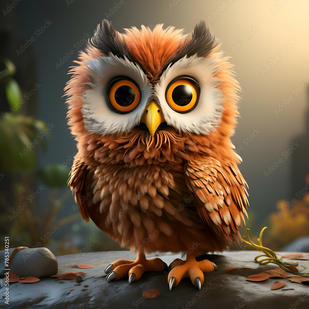 Fototapeta premium Cute owl sitting on a rock. 3d render illustration.
