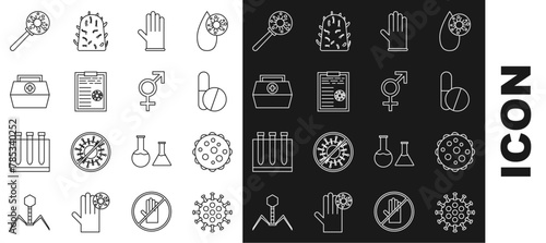 Set line Virus, Medicine pill or tablet, Medical rubber gloves, Clipboard with blood test results, First aid kit, under magnifying glass and Gender icon. Vector