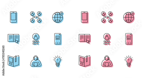 Set line Open book, Student, Mobile phone, Light bulb with concept of idea, Create account screen, Online and class icon. Vector
