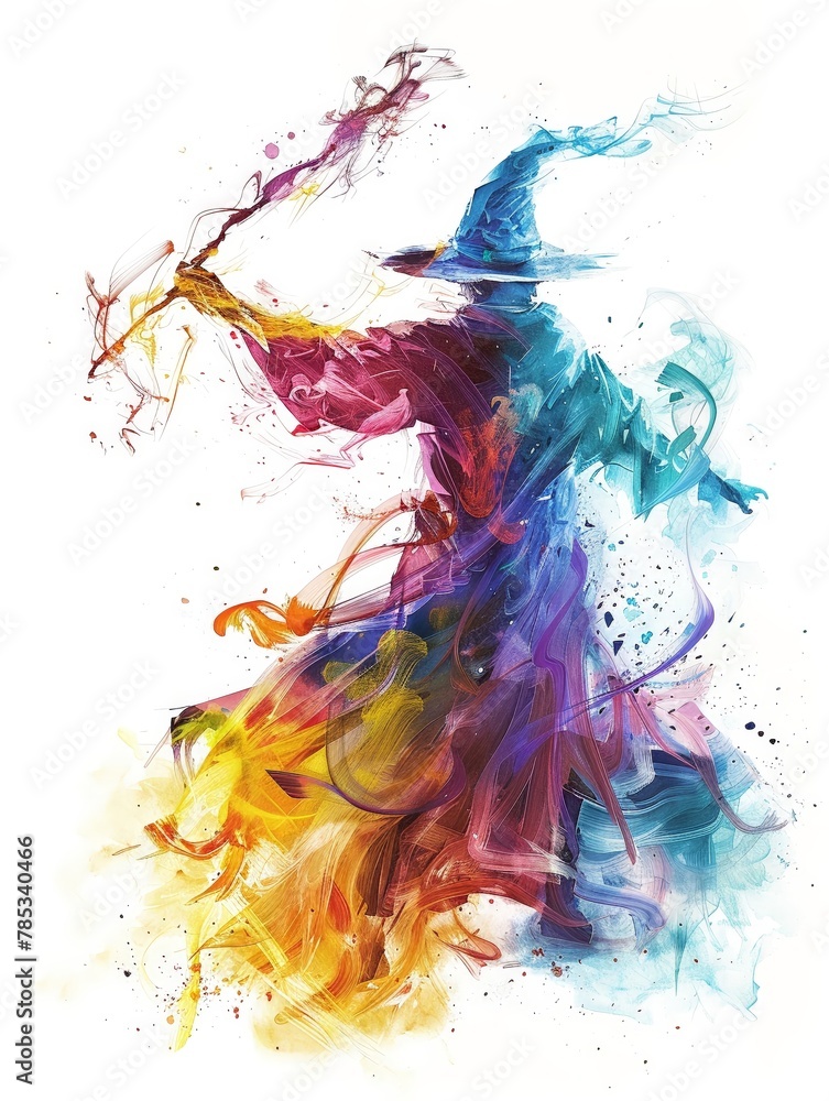 Obraz premium An abstract watercolor painting of a wizard, his robes flowing and wand raised, casting spells with vibrant, swirling colors, 