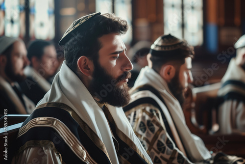 An orthodox Jewish congregation prays with tallit at a religious synagogue AI Generation photo