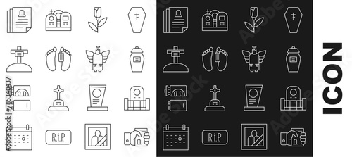 Set line Death certificate in hand, Grave with tombstone, Funeral urn, Flower rose, Dead body, cross, and Christmas angel icon. Vector