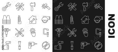 Set line Wrench and arrows as workflow, Clamp screw tool, Electric circular saw, Wooden axe, Stationery knife, Safety vest, spanner and House repair icon. Vector