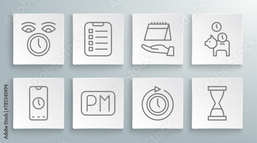 Set line Alarm clock app mobile, To do list or planning, Day time, Clock with arrow, Old hourglass sand, Calendar, Piggy bank coin and icon. Vector