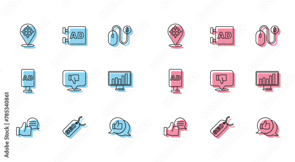 Set line Customer product rating, SEO optimization, Target, Dislike speech bubble, Monitor with graph chart, Advertising and icon. Vector Set line Customer product rating, SEO optimization, Target, Dislike speech bubble, Monitor with graph chart, Advertising and icon. Vector