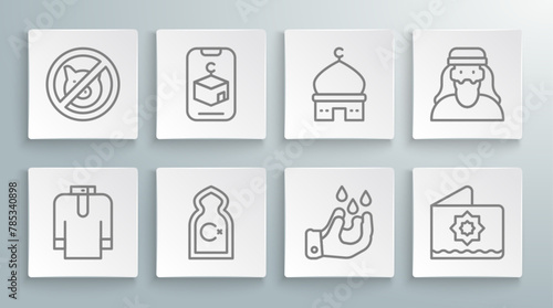 Set line Shirt kurta, Star and crescent, Muslim Mosque, Wudhu, Octagonal star, man and No pig icon. Vector