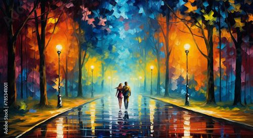 a painting of a couple walking down a rain soaked street at night with a bright light shining on them photo