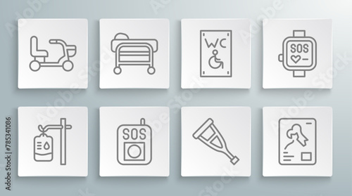 Set line IV bag, Stretcher, Press the SOS button, Crutch or crutches, X-ray shots, Separated toilet for disabled, Smart watch and Electric wheelchair icon. Vector
