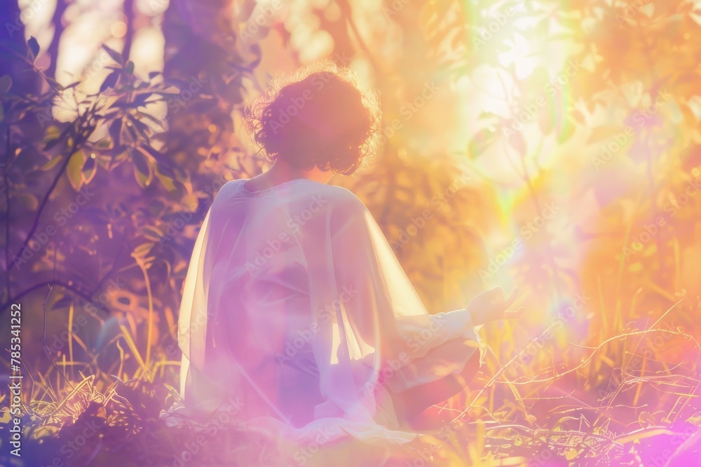 Serene Outdoor Meditation at Sunset - Young Adult Female Engaging in Mindfulness - obrazy, fototapety, plakaty 