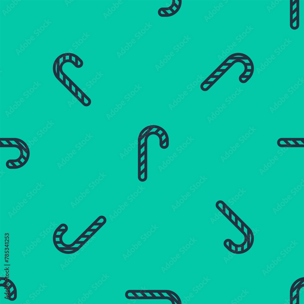 Fototapeta premium Blue line Christmas candy cane with stripes icon isolated seamless pattern on green background. Merry Christmas and Happy New Year. Vector