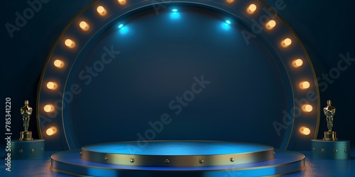 Round stage with Oscar statues and light bulbs