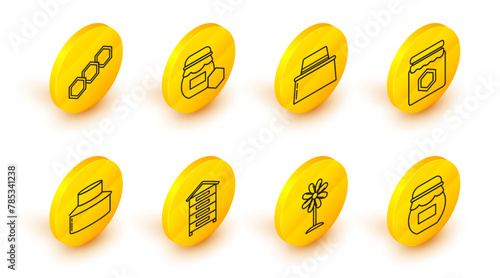 Set line Jar of honey, Flower, Hive for bees, Beekeeper with protect hat, and Honeycomb icon. Vector