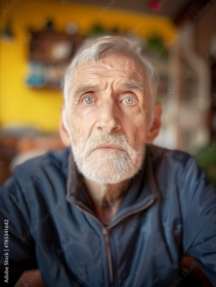 Elderly White Man with Expressive Eyes in Casual Setting Elderly White Man with Expressive Eyes in Casual Setting