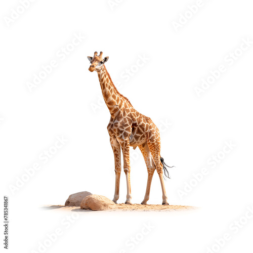 Giraffe Standing Next to Rock on White Background. Generative AI