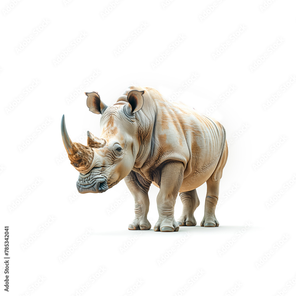 White Rhinoceros Standing on White Background. Generative AI