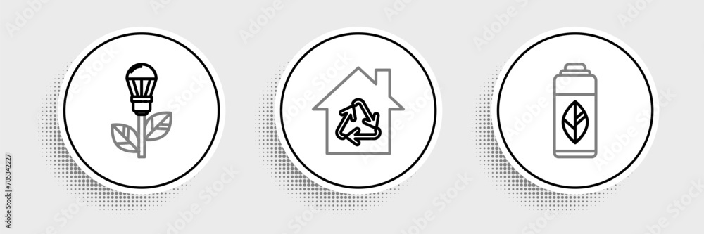 Set line Recycling plastic bottle, Light bulb with leaf and Eco House recycling symbol icon. Vector Set line Recycling plastic bottle, Light bulb with leaf and Eco House recycling symbol icon. Vector