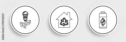Set line Recycling plastic bottle, Light bulb with leaf and Eco House recycling symbol icon. Vector